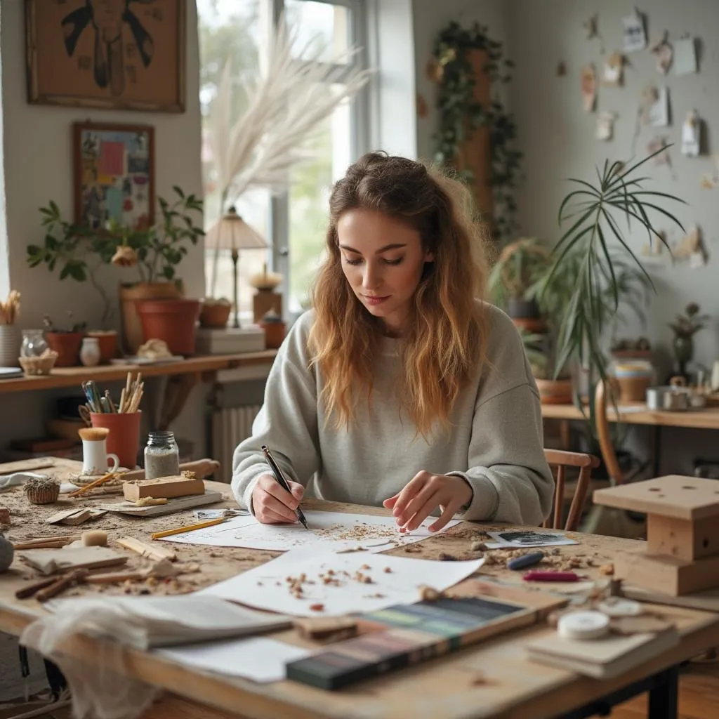 Žena pracující na kreativním projektu ve svém ateliéru